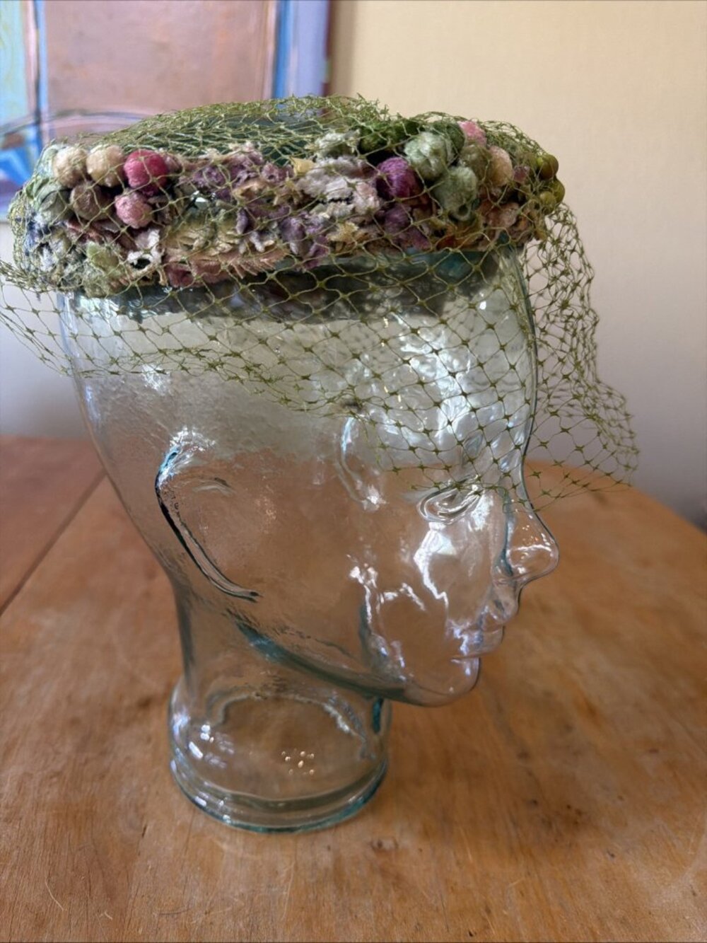 Vintage Floral Pillbox Hat Green Birdcage Veil Velvet MCM 1940s